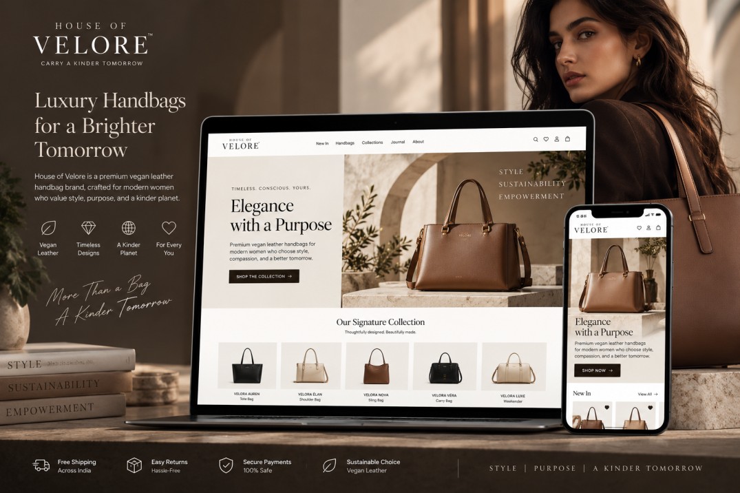 House of Velore premium vegan leather handbag e-commerce website showcasing luxury products and responsive shopping experience