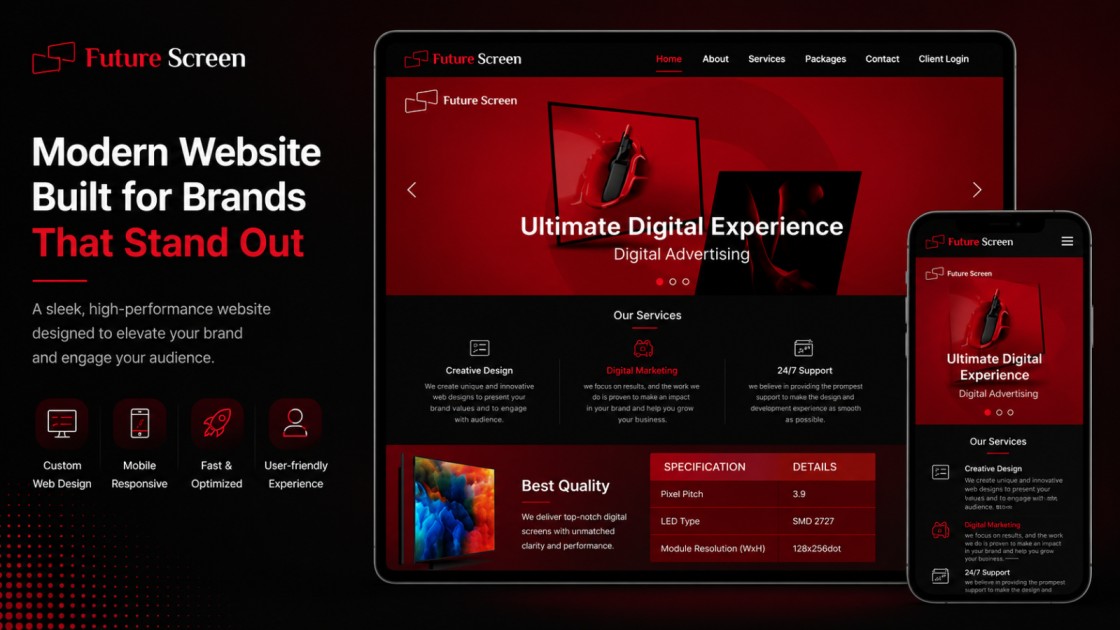 Future Screen modern business website case study preview showcasing a responsive corporate website design across desktop and mobile with a bold red and black user interface.