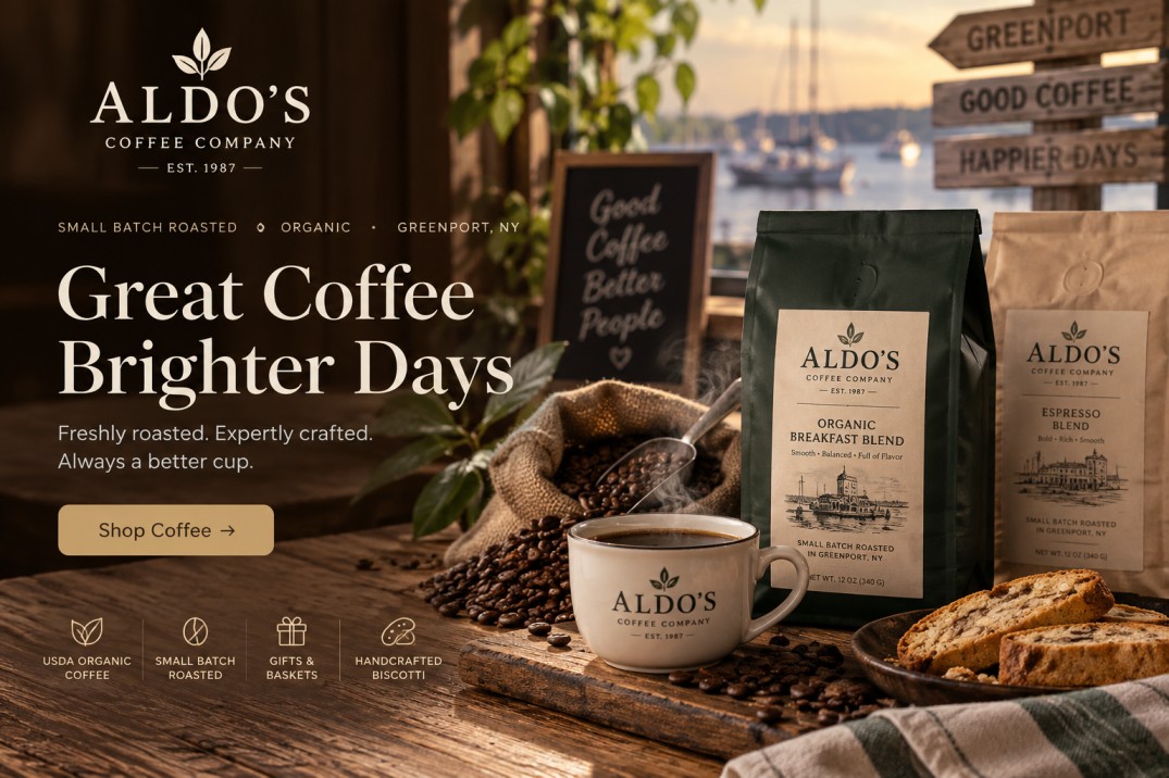 Aldo’s Coffee Company Shopify e-commerce website showcasing small-batch roasted coffee, organic coffee beans, biscotti, and coffee gifts.