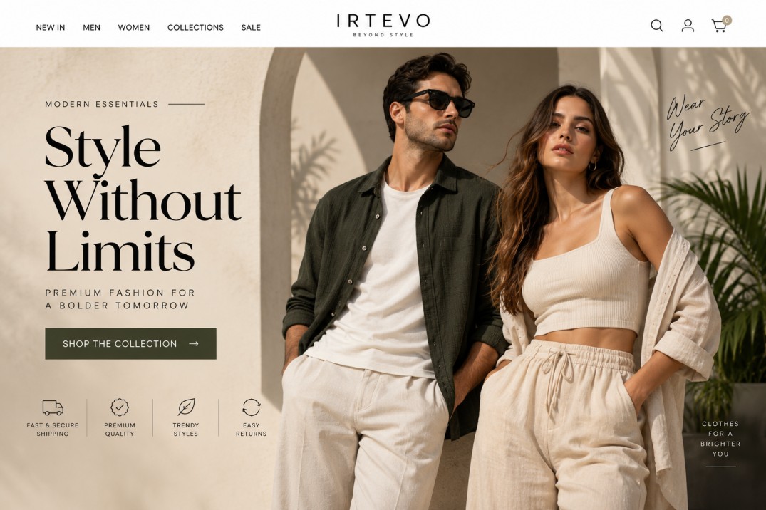 IRTEVO fashion e-commerce website showcasing modern clothing collections for men, women, boys, and girls with a premium shopping experience