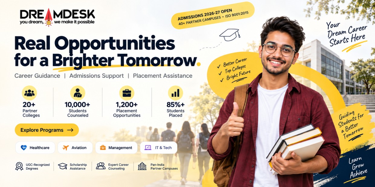 DreamDesk education and career guidance website showcasing college admissions, career counselling, placement assistance, academic programs, and student opportunities.