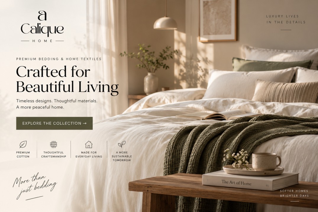 Calique Home premium bedding and home textiles e-commerce website showcasing elegant bedroom linens and luxury home styling.