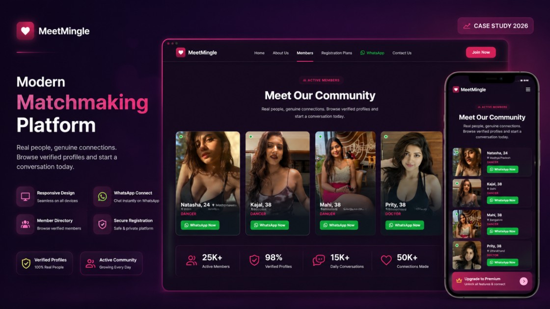 MeetMingle matchmaking platform case study preview showcasing a responsive website with verified member profiles, WhatsApp integration, membership features, and a modern dark-themed UI across desktop and mobile.
