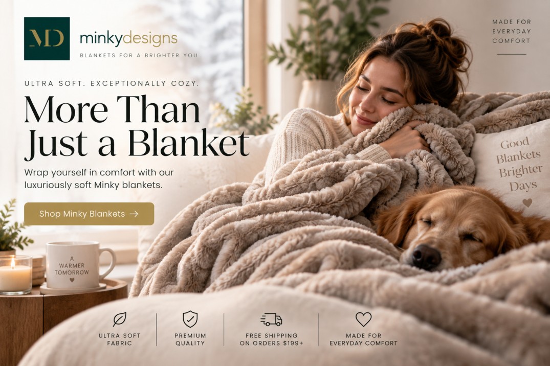 Minky Designs premium minky blanket e-commerce website showcasing a woman relaxing with a soft plush blanket in a cozy home setting.