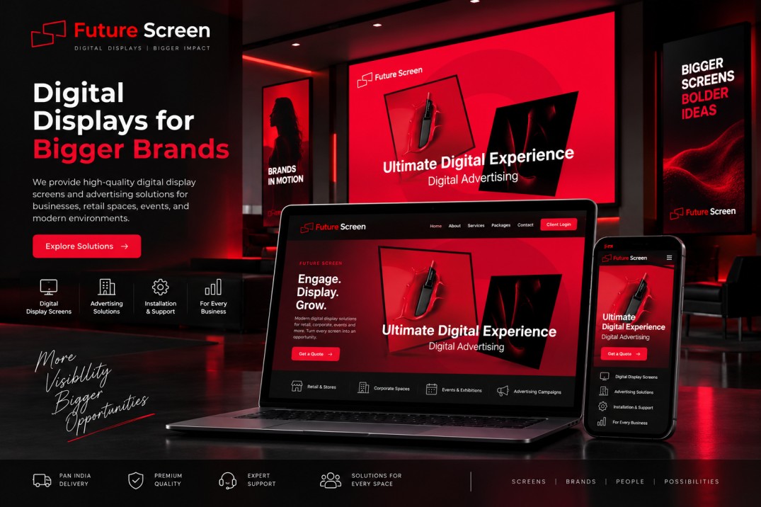 Future Screen digital display advertising website showcasing dynamic LED screens, advertising solutions, and client services