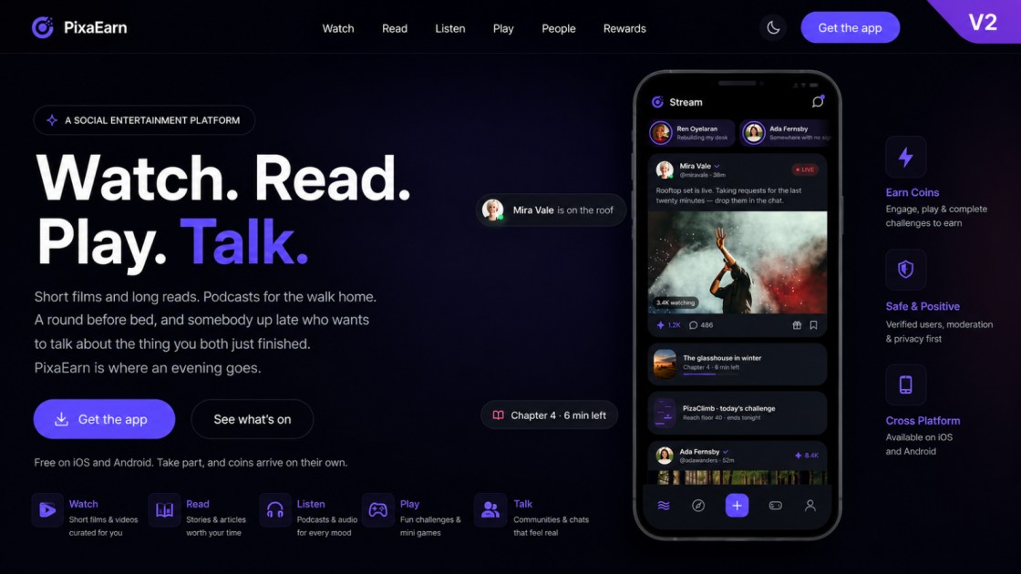 PixaEarn social entertainment platform landing page V2 showcasing a modern dark UI with responsive mobile app preview, content discovery, community features, rewards, and cross-platform experience.