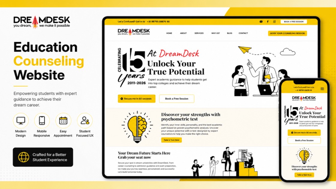 DreamDesk education counseling website case study preview showcasing a modern responsive web design across desktop and mobile with student-focused UX and appointment booking features.